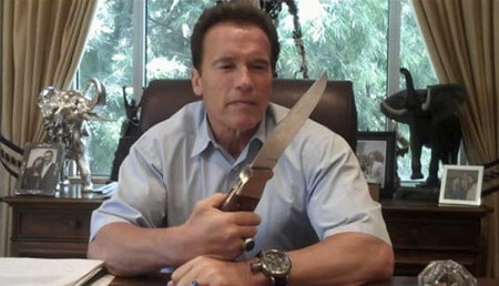 Knife in hand, Schwarzenegger tweets about budget