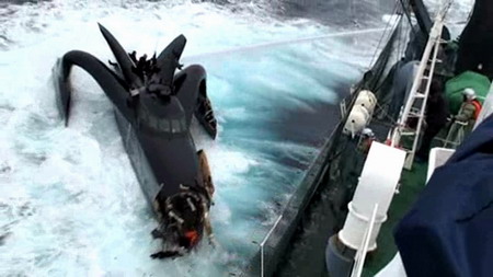 Activists pursue Japanese whalers by helicopter