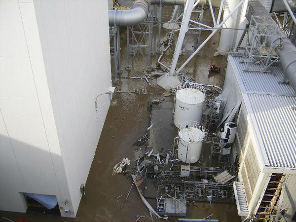High water levels are seen at Tokyo Electric Power Co. (TEPCO)'s Fukushima Daiichi nuclear power plant after a tsunami triggered by an earthquake hit the area in Fukushima, in this handout photo taken March 11, 2011, from the fourth floor of the radioactive waste disposal building and released by TEPCO on May 19, 2011. Water rushes into Fukushima nuke power plant