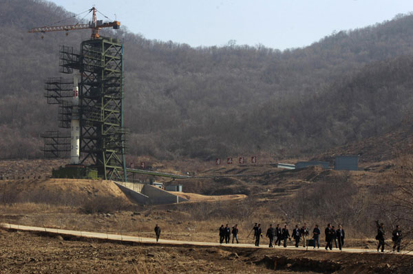 DPRK puts rocket on pad for satellite launch