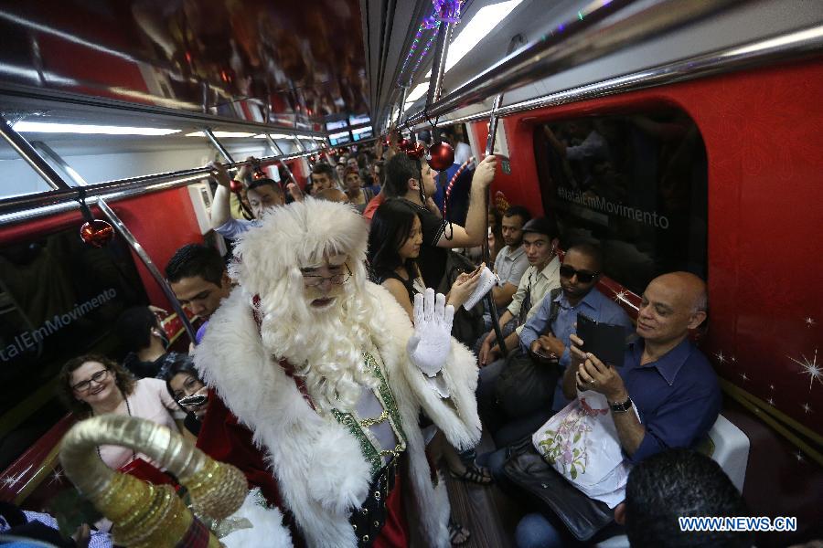 Santa Claus in a wagon of Sao Paulo subway in Brazil