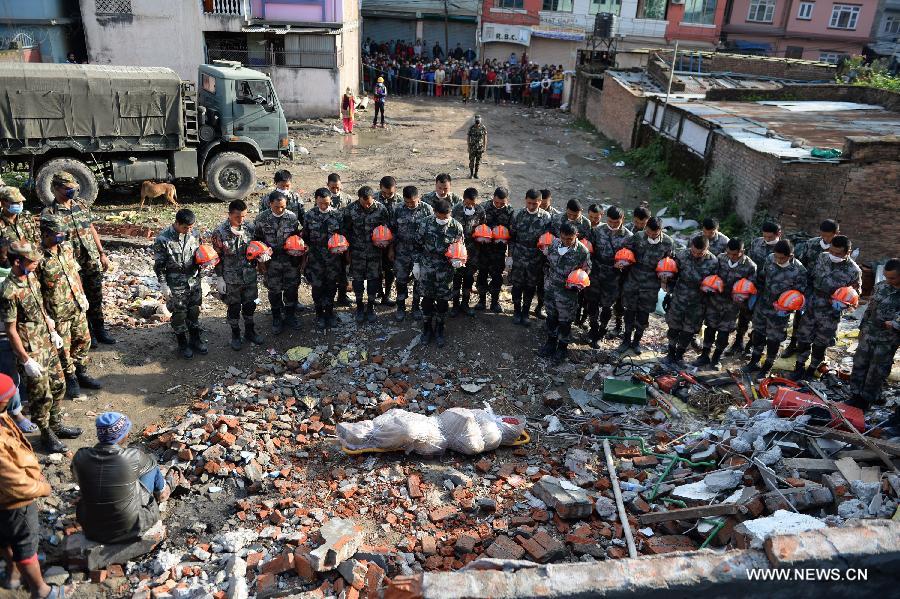 Chinese rescuers work on outskirts of Kathmandu, Nepal