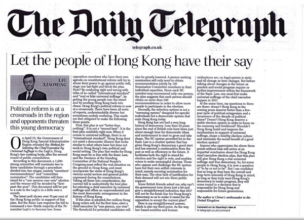 Ambassador writes in Daily Telegraph: <EM>Let the people of Hong Kong have their say</EM>