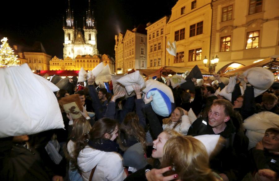 Feathers fly with pillow fight in Prague