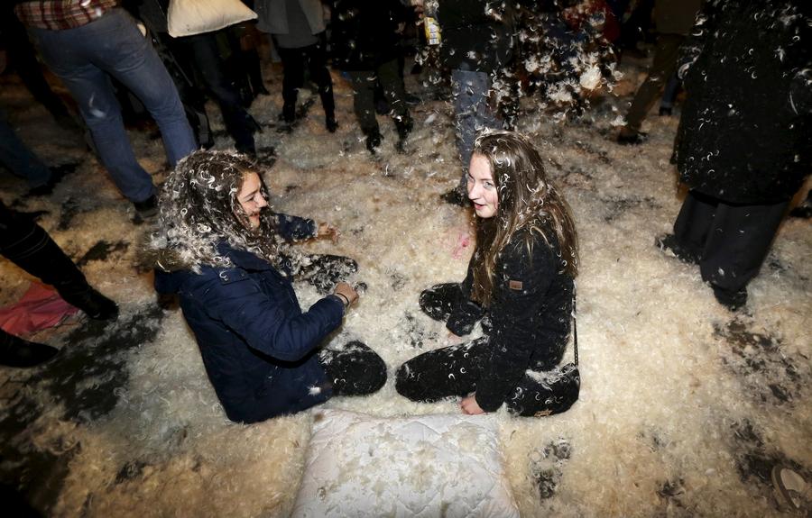 Feathers fly with pillow fight in Prague