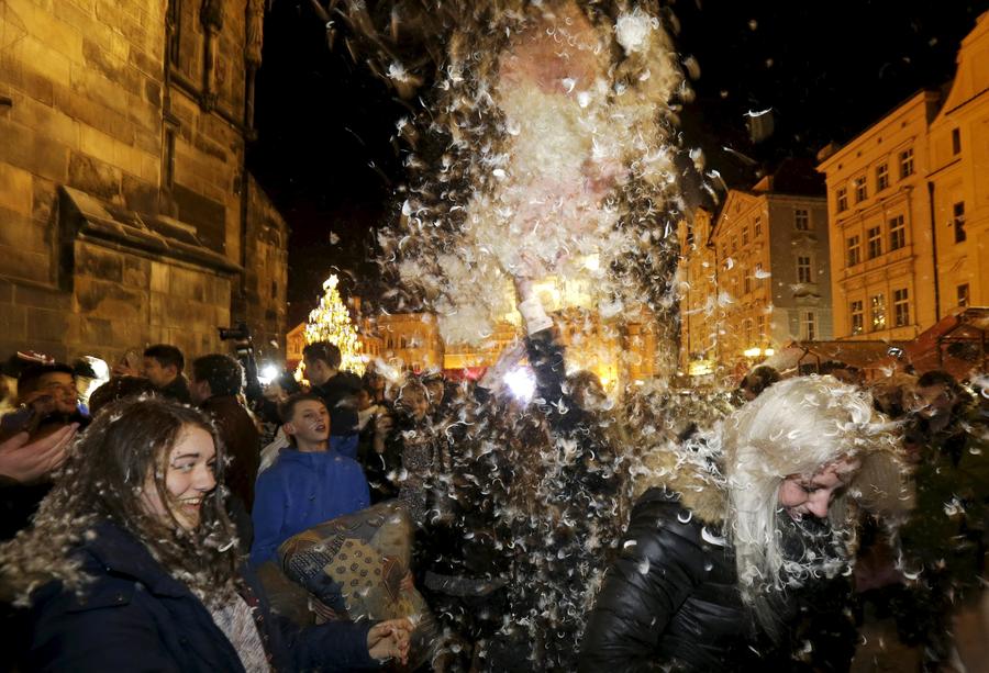 Feathers fly with pillow fight in Prague