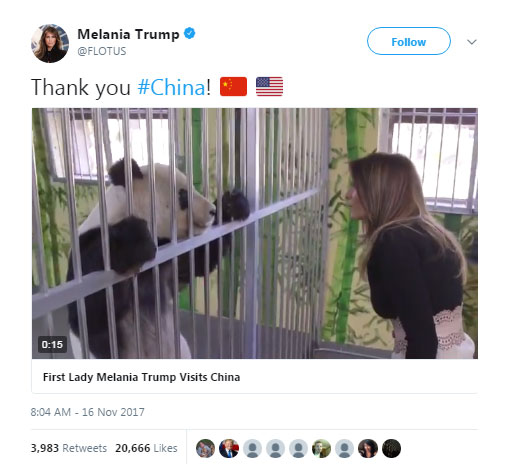 Melania Trump tweets of China