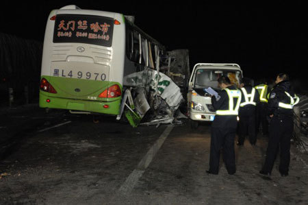 黑龙江哈同公路客车与货车相撞19人死亡