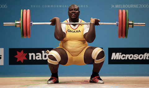 Ghana's Bernard Fetrie makes an unsuccessful snatch attempt at 152kg in the men's over-105kg class weightlifting at the Commonwealth Games in Melbourne March 23, 2006. 