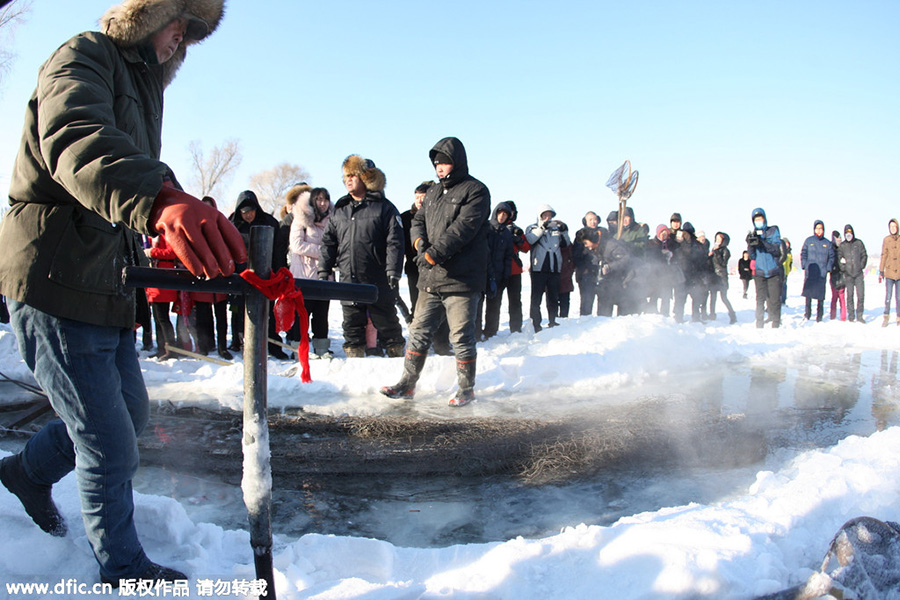 Winter fishing in ice-covered Changling Lake in Harbin