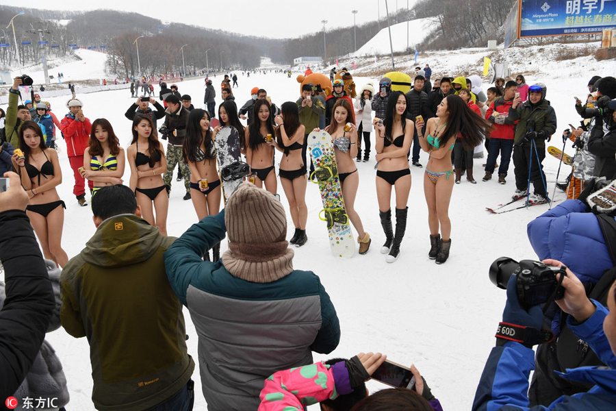 Models in bikinis promote ski resort