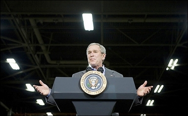 US President George W. Bush speaks about the economy at Caterpillar, Inc. in Peoria, Illinois. Bush, launching a two-day campaign to tout his economic priorities, defended growing US trade with China while acknowledging it was 