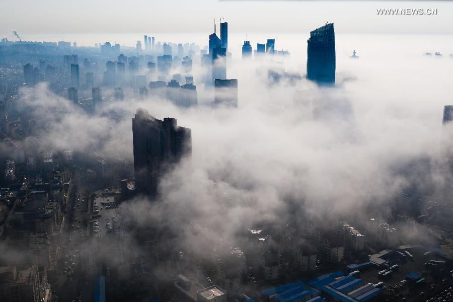 Buildings covered by fog in China's Qingdao