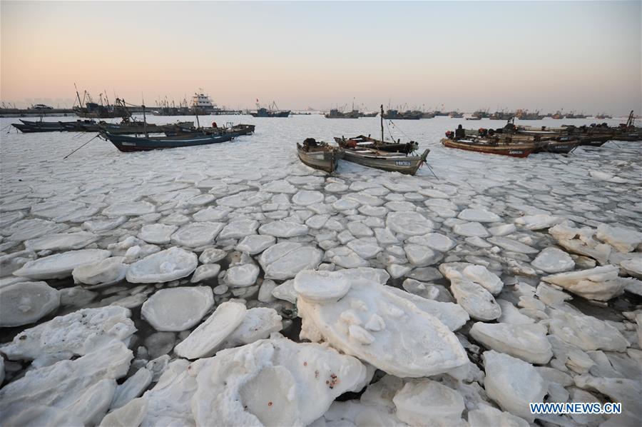 Sea ice traps boats as cold wave sweeps across East China