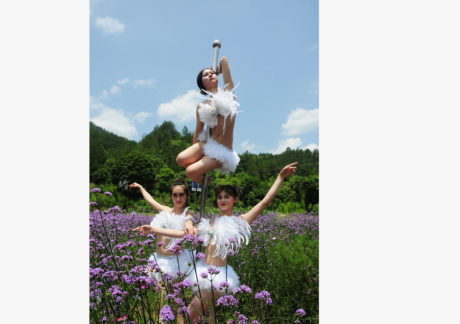 Pole dancing in sea of flowers