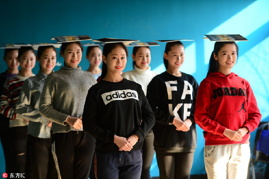 Stewardess students prepare for flight attendant exams