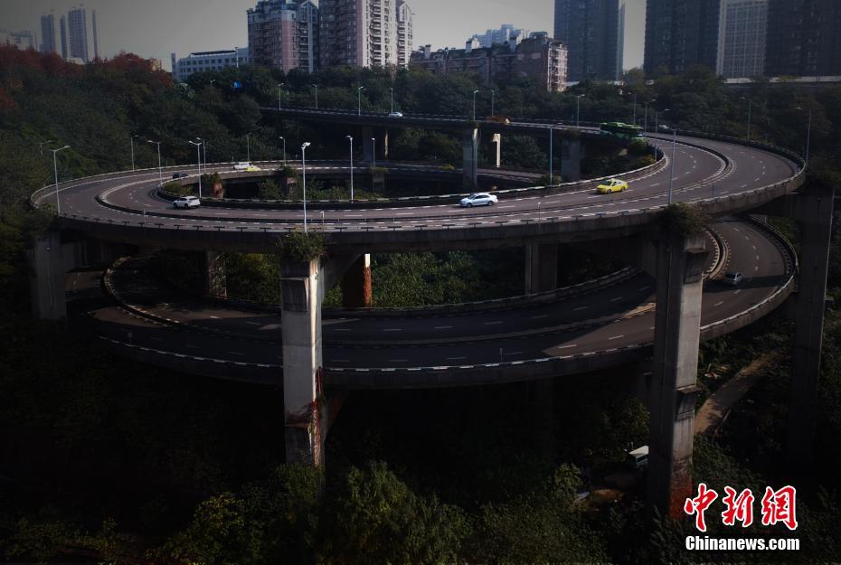 Aerial view of triple-loop spiral bridge in Chongqing