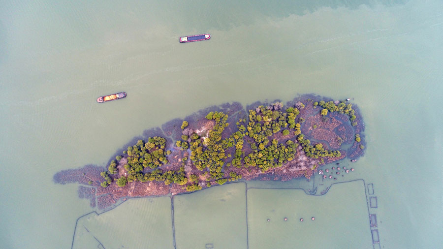 Aerial shots of fish-shaped island in East China