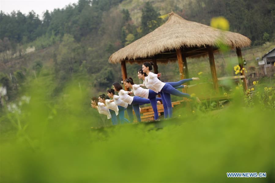 Yoga fans practise yoga on farmland of flowers in C China's Zhangjiajie<BR>