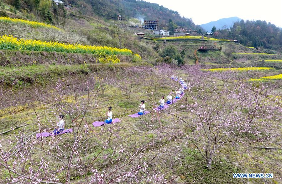 Yoga fans practise yoga on farmland of flowers in C China's Zhangjiajie<BR>