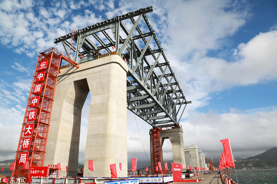 China's first cross-sea rail-road bridge takes shape