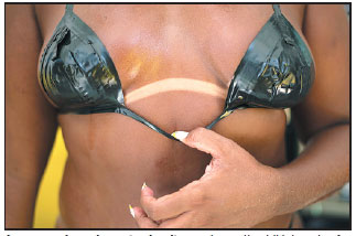 Electrical tape-bikinis and sun for perfect tan lines in Rio de Janeiro