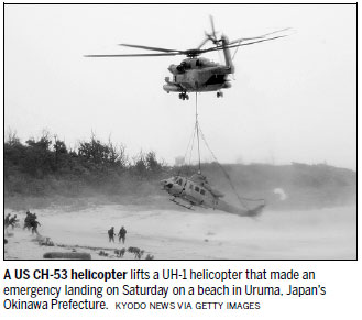 Downed helicopter airlifted from Okinawa beach