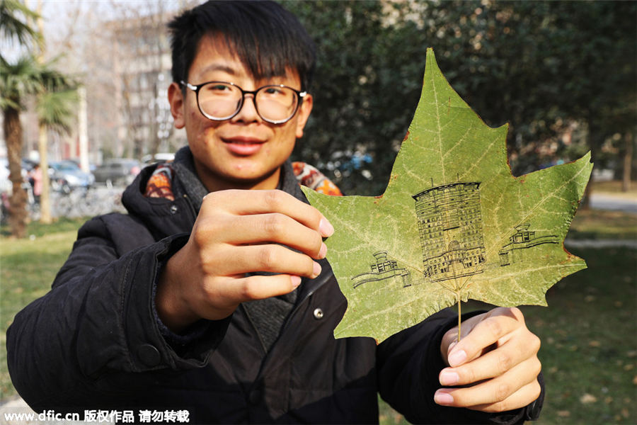 Creative paintings on leaves portray campus scenes