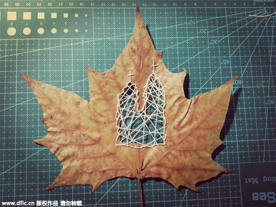 Embroidered leaves are among art teacher's creative works