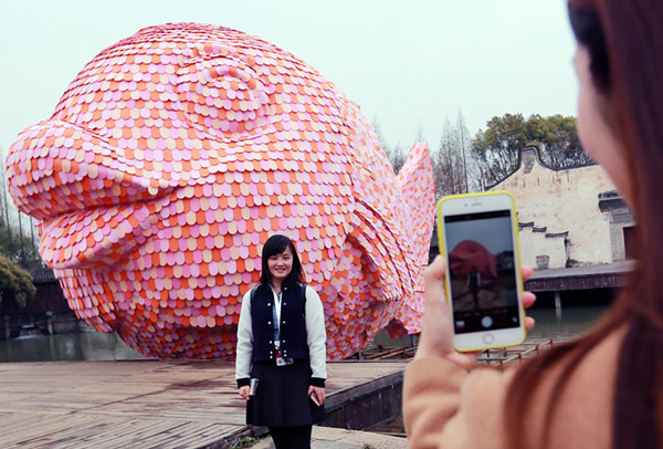Pink fish makes a splash in ancient town