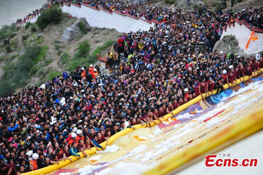 People celebrate Shoton Festival at Drepung monastery, Tibet