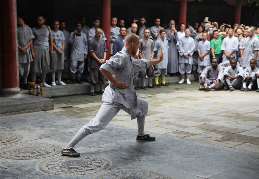 Foreign disciples perform kung fu at Shaolin Temple