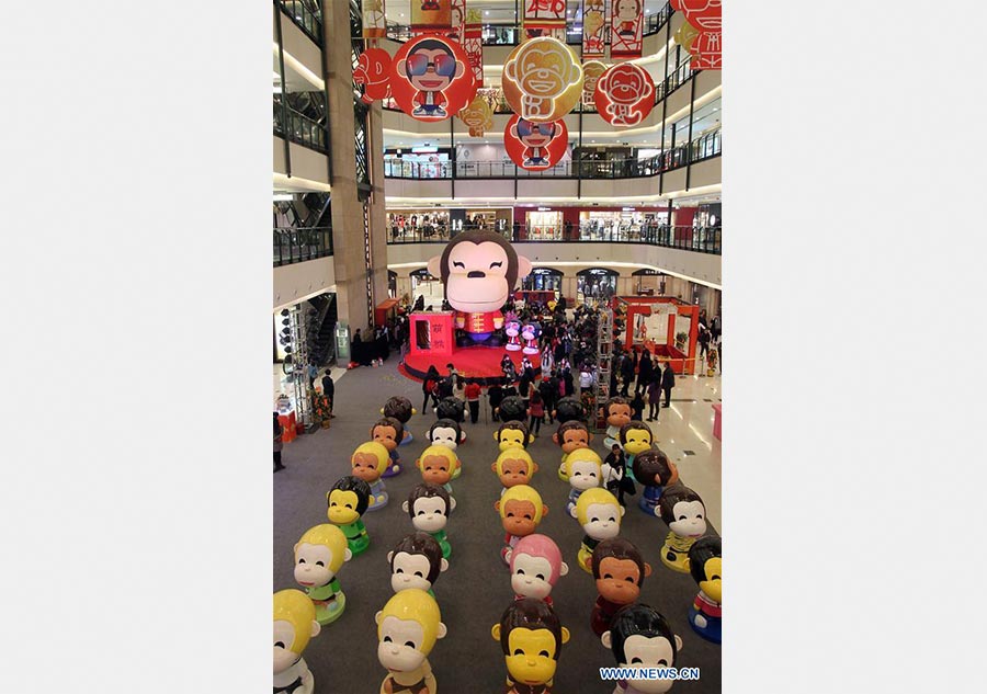 100 monkey figurines in Shanghai create holiday atmosphere