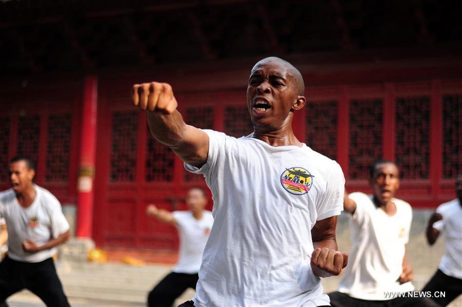 Apprentices from Africa practice Kungfu, learn Shaolin culture in China