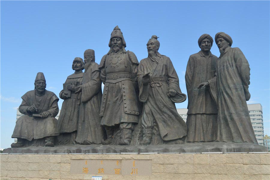Huge bronze sculpture groups stand out in Genghis Khan Square in Ordos
