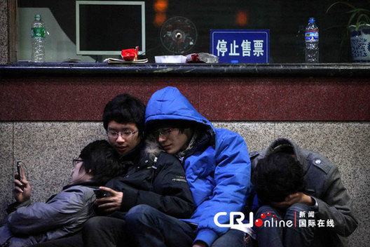 大学生通宵排队抢购火车票 同时复习备考(图)