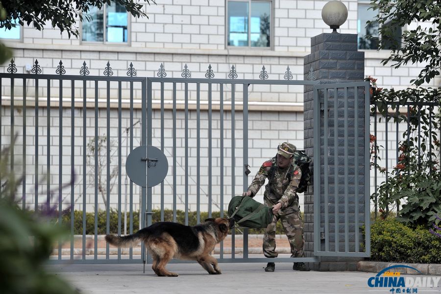 中队为警犬班唯独一名退伍的老兵蒋玉涛举行与警犬分别和警犬交接仪式