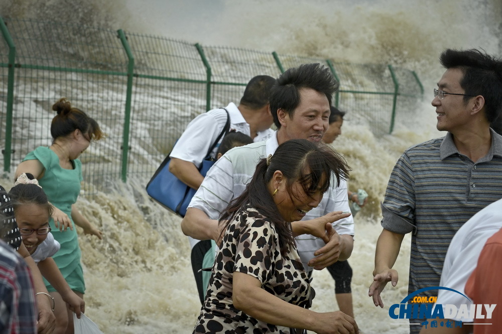 浙江海宁：高潮位达6.60米“回头潮”席卷钱塘江盐仓一带 打翻数百名游客