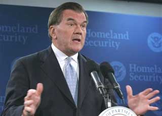Homeland Security Secretary Tom Ridge announces his resignation during a news conference Tuesday, Nov. 30, 2004 in Washington. Ridge whose name became synonymous with color-coded terror alerts and tutorials to the public about how to prepare for possible attack, submitted his resignation in writing to President Bush on Tuesday morning. [AP] 
