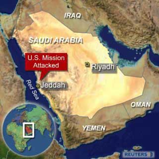Militants stormed the heavily fortified U.S. consulate in Jeddah in a brazen raid and 12 people died in gunbattles before security forces regained control, December 6, 2004. It was the first major militant assault in Saudi Arabia since May and the first against a Western diplomatic mission. (Reuters 