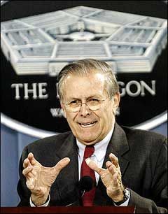 This November 8, 2004 file photo shows US Secretary of Defense Donald Rumsfeld addressing reporters at the Pentagon in Washington, DC. A majority of Americans want Rumsfeld to step down, according to a poll released, as the Pentagon chief faces a barrage of criticism over his handling of the Iraq war. [AFP/file]