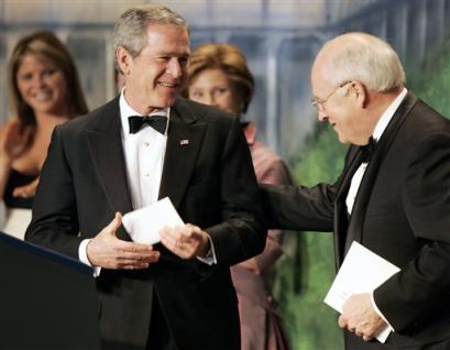 US Vice President Dick Cheney greets President Bush at the Black Tie and Boots Inaugural Ball in Washington, Wednesday, Jan. 19, 2005. [AP]