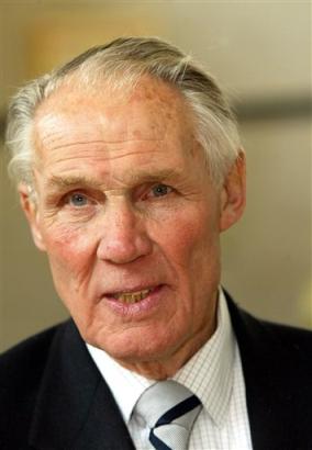 Former Netherlands soccer coach Rinus Michels is seen in this April 2002 file photo. Michels died early Thursday morning, March 3, 2005 in Aalst, Belgium at age 77. Rinus Michels, referred to as 'the General', led the Netherlands to its only international title, the 1988 European Championship. [AP]