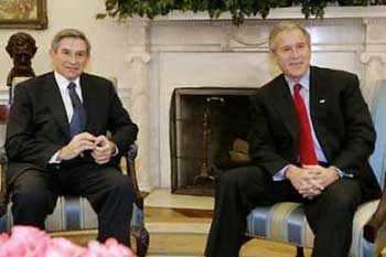 President George W. Bush (R) announced he has selected Deputy Defense Secretary Paul Wolfowitz, a magnet for controversy as one of the leading architects of the Iraq war, as his choice for World Bank president, March 16, 2005. Bush and Wolfowitz met in the Oval Office after the announcement. [Reuters]