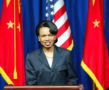US Secretary of State Condoleezza Rice answers reporters questions at a press conference in Beijing March 21, 2005 before she concluded her China visit. Rice said that the US has no intention to invade North Korea and is committed to the six-party talks for a solution to the nuclear issue. [newsphoto]
