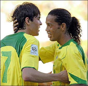 Brazilian Ronaldinho Gaucho celebrates his goal against Bolivia at
