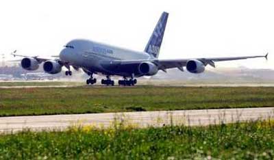 The Airbus A380 The world's biggest airliner a 555-passenger superjumbo twin deck aircraft takes off for its maiden flight at the Toulouse-Blagnac airport in southwestern France April 27, 2005. The A380, which has room for 800 passengers but was carrying only the test crew, lumbered down the runway before gathering speed and taking off from Airbus headquarters outside Toulouse. Crowds cheered as it took off. The A380 will be most common on long routes linking Asia and the Middle East to Europe and the U.S. 