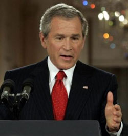 President Bush gestures during a news conference Thursday, April 28, 2005, in the East Room. [AP]