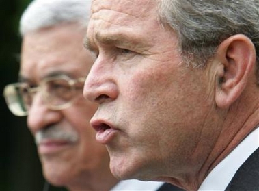 President Bush and Palestinian President Mahmoud Abbas hold a joint news conference,Thursday, May 26, 2005, in the Rose Garden at the White House. 