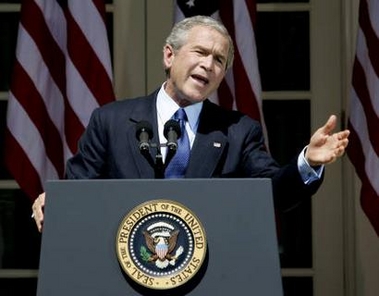 U.S. President George W. Bush speaks during a press conference in the Rose Garden of the White House, May 31, 2005. Bush on Tuesday said there were still diplomatic options available to persuade North Korea to abandon its nuclear ambitions without having to resort to a military strike. REUTERS